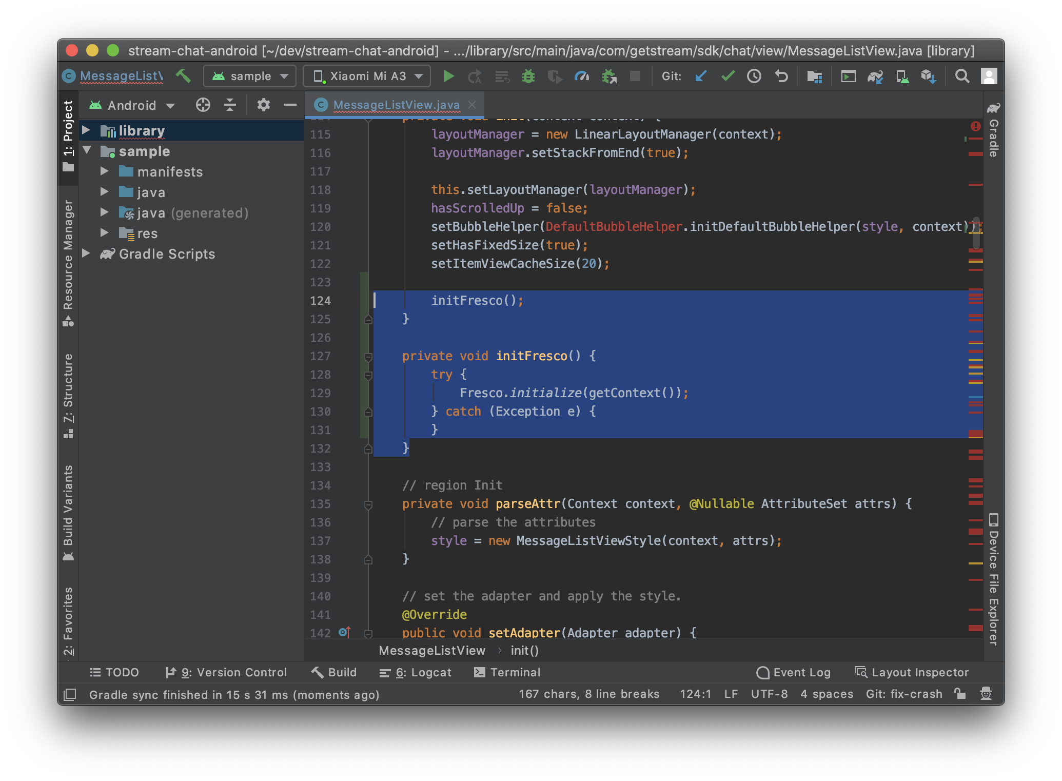 Image shows Android Studio with changes made to the MessageListView file to initialize the Fresco library