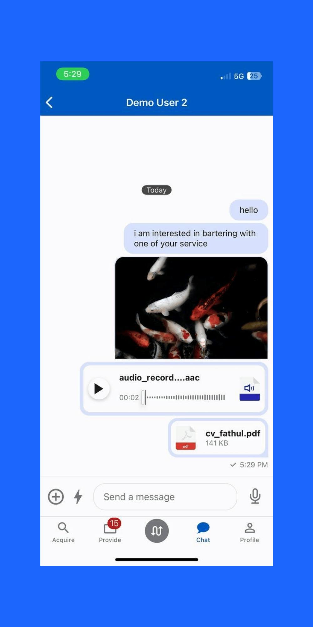 Show a conversation with a user in The Barter App