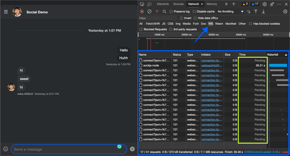 Multiple "pending" websocket connections