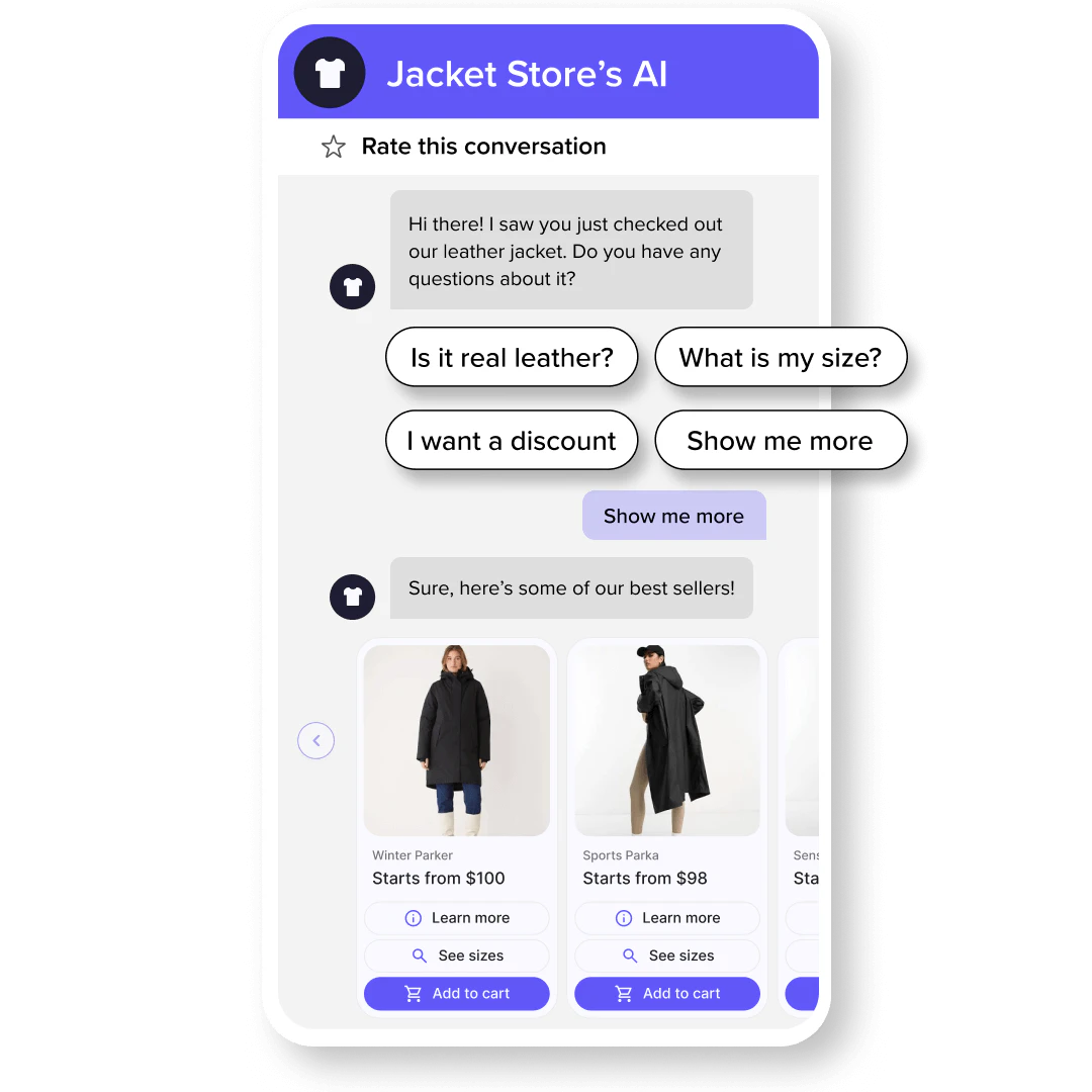 AI shopping assistant chat interface answering product questions and suggesting best-selling jackets