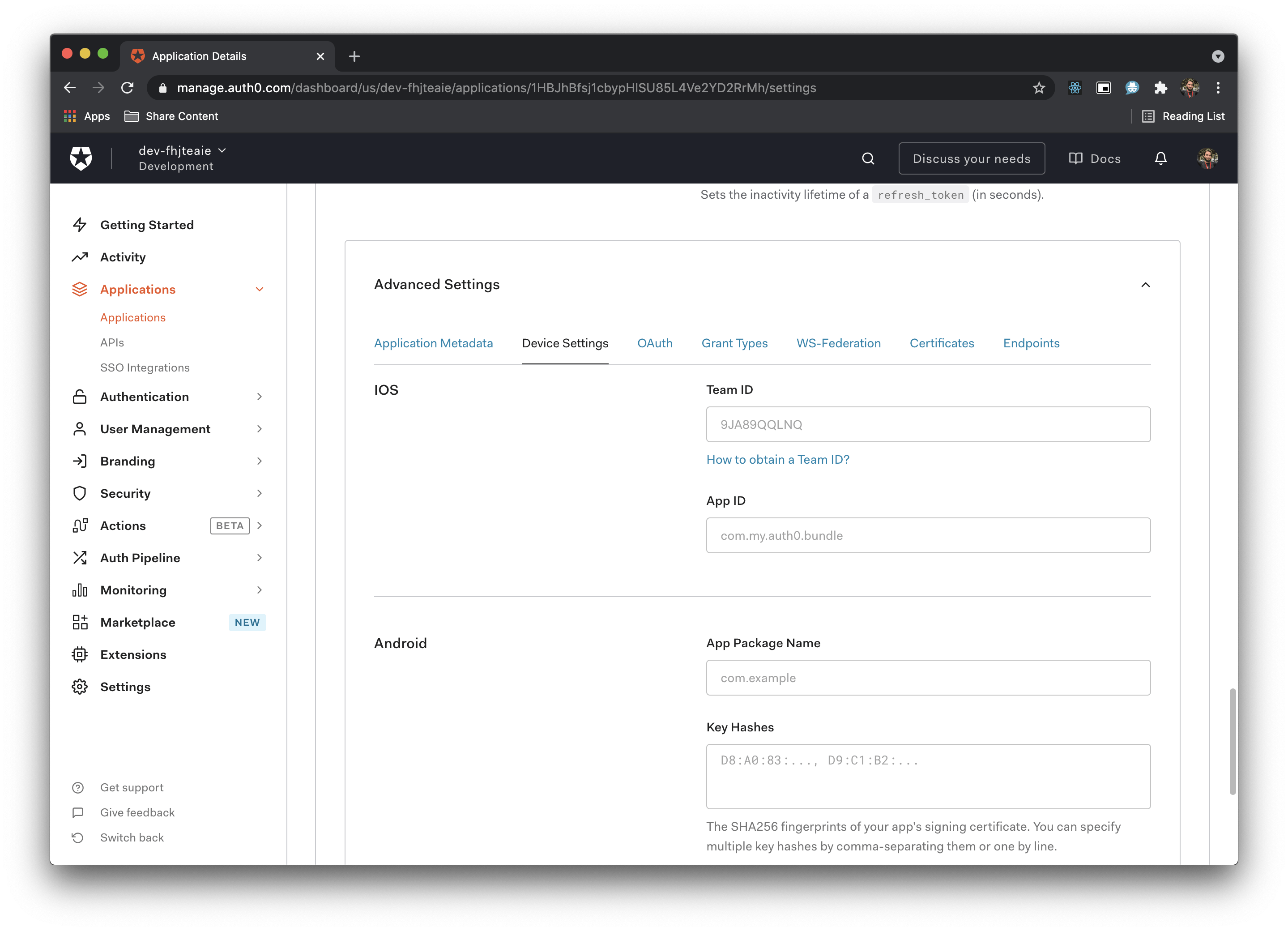 Image shows team id and app id fields in Auth0 dashboard