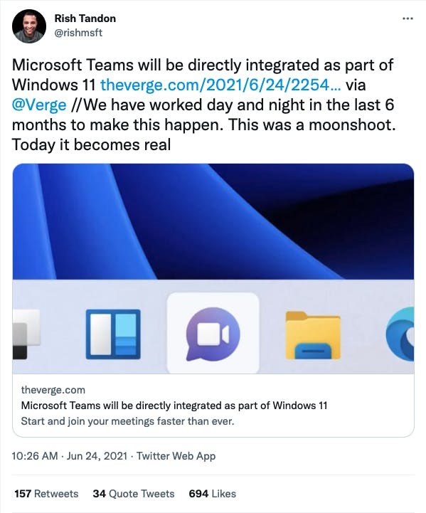 Rish Tandon's Microsoft Teams Tweet 