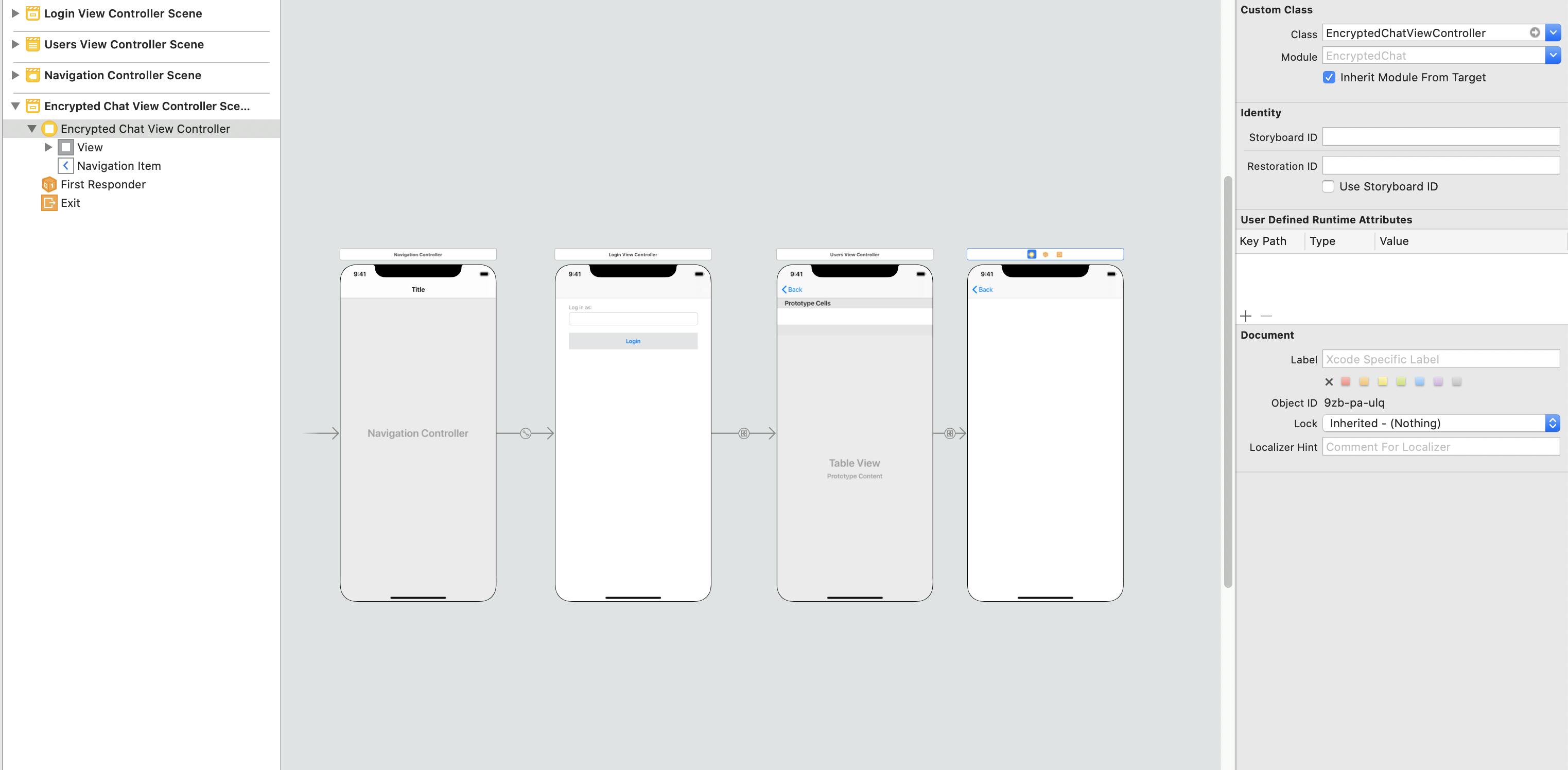Image shows the same storyboard, now with an empty encrypted chat controller