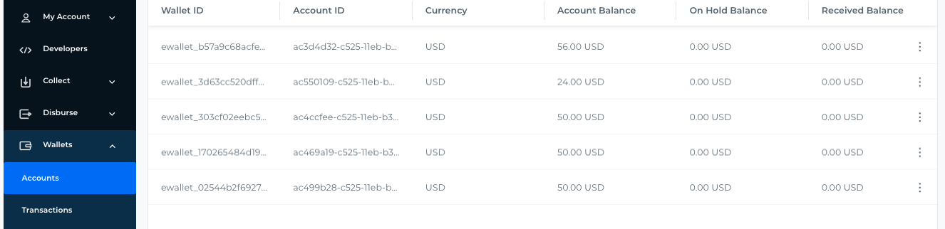 Rapyd Wallets Sandbox dashboard with test wallets.