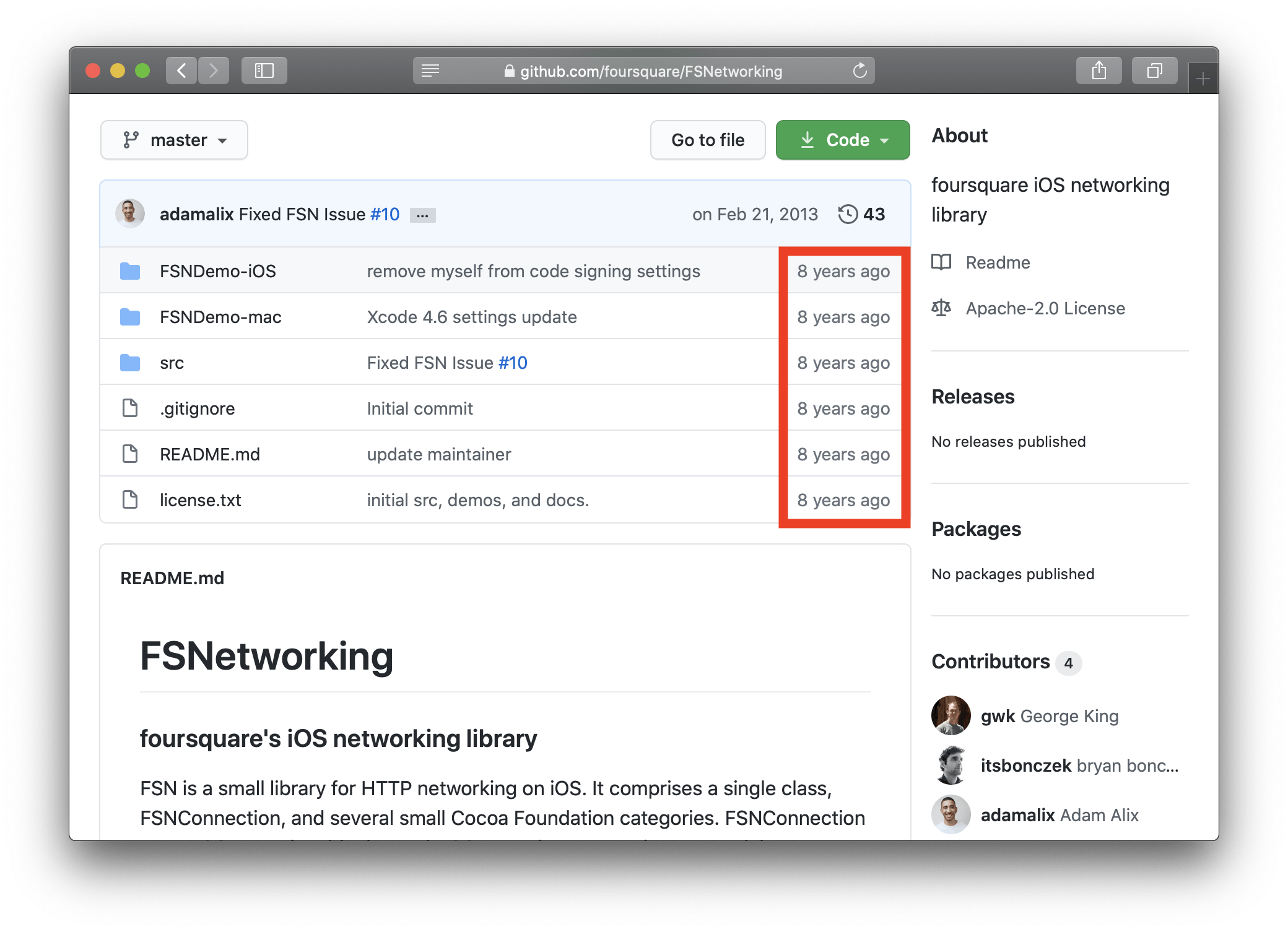 Image shows a GitHub repository without activity for eight years