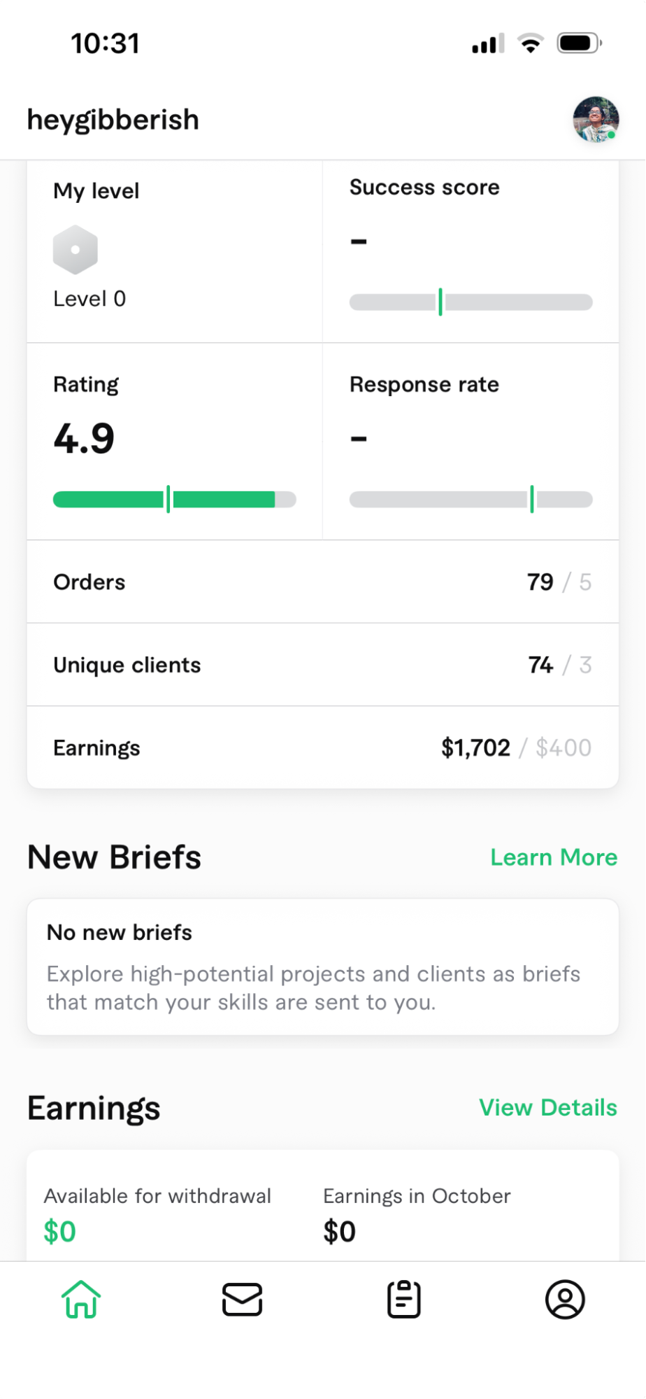 Fiverr dashboard highlighting active orders and revenue stats