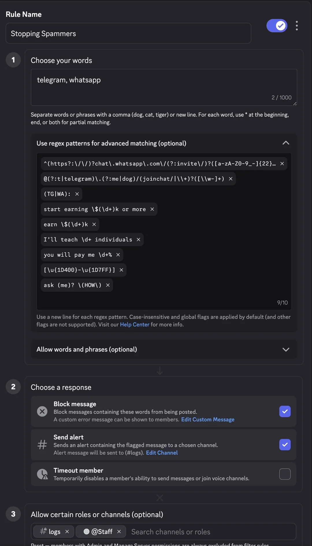 Rules-based filtering in automated moderation