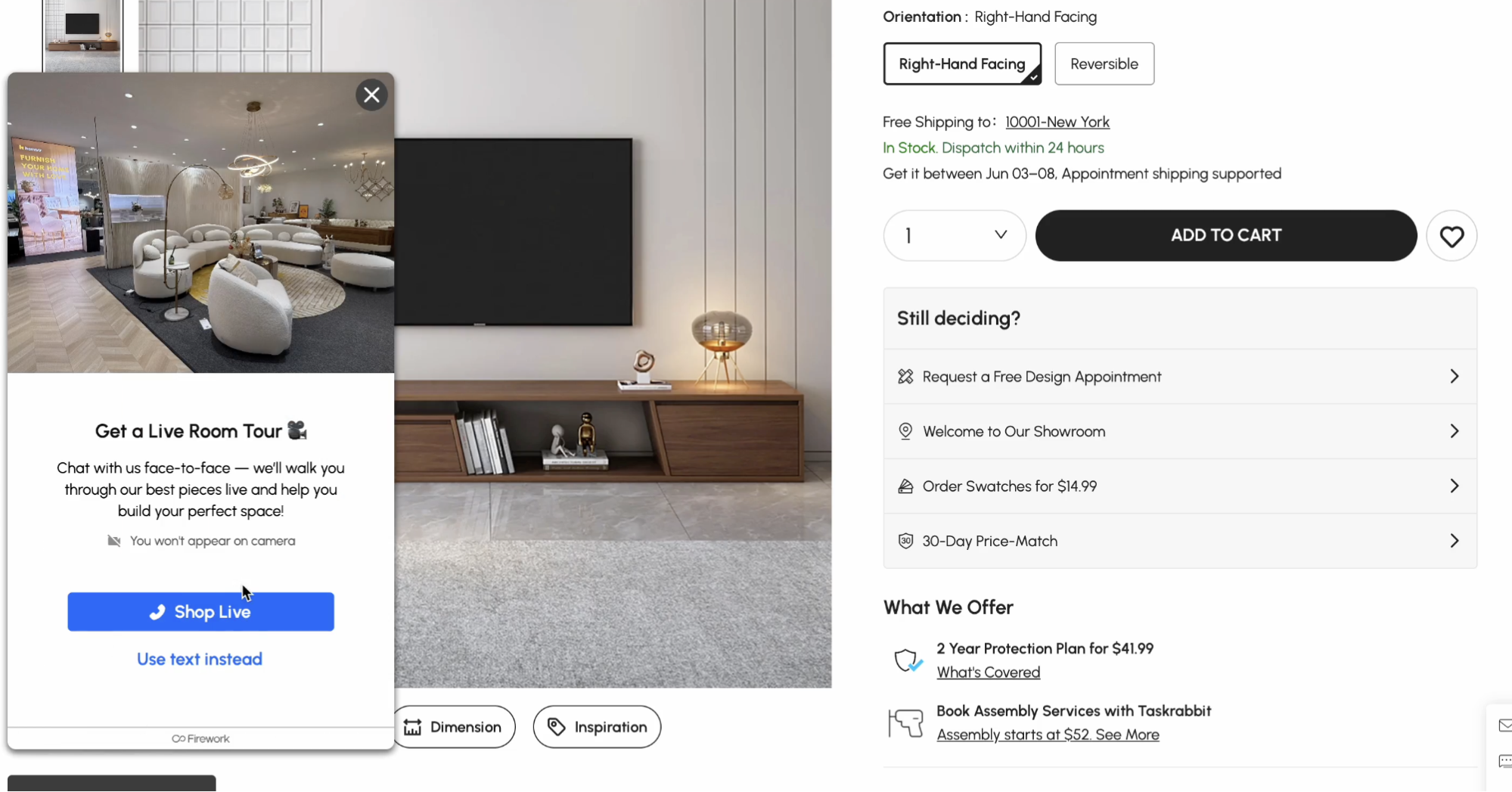 Shop Live button for virtual room tour