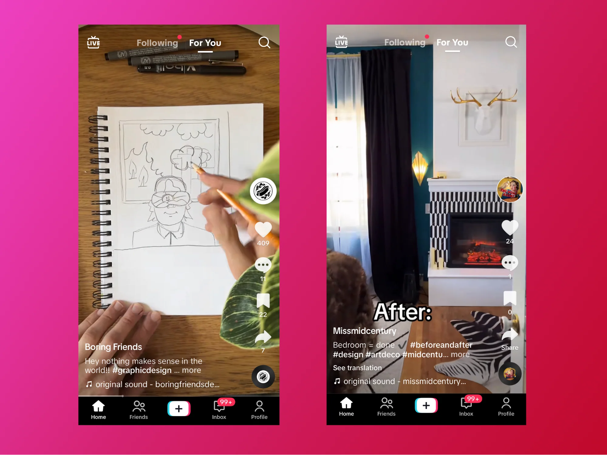TikTok activity feed displaying Following and For You tabs for personalized content discovery