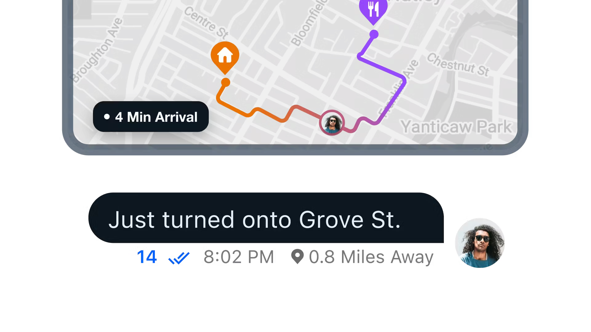 Screenshot from delivery app showing a map and a chat message