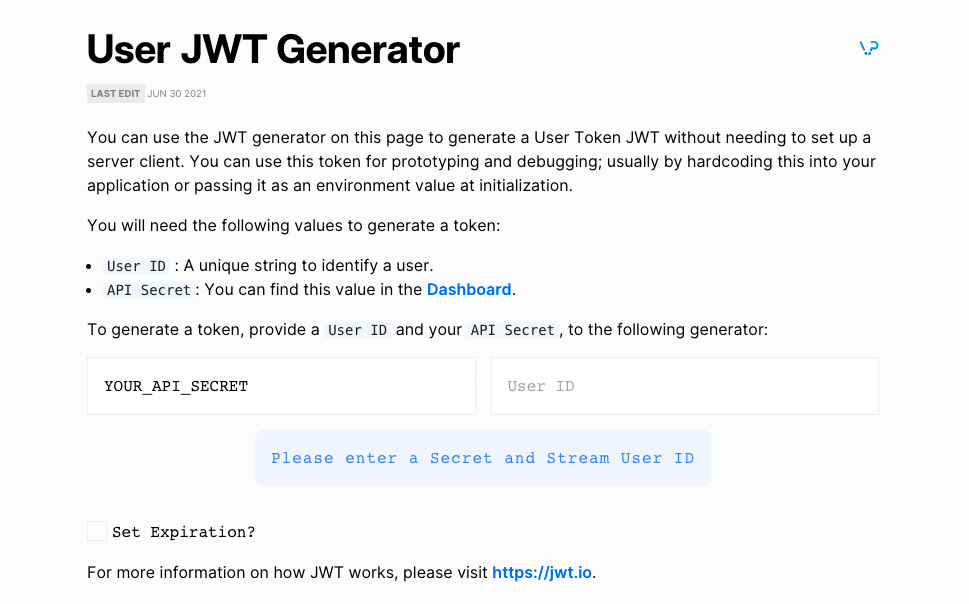 Stream's JWT Generator page.