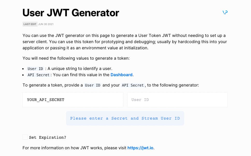 Stream's JWT Generator page.