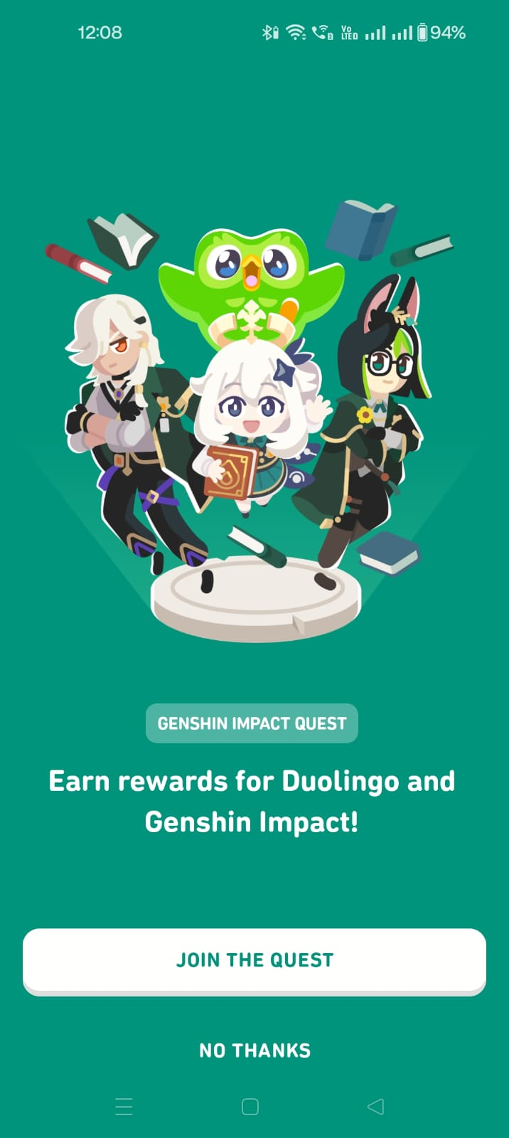 A full-screen Duolingo notification prompting the user to join a quest