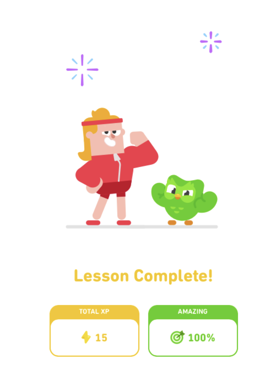 Duolingo app congratulating a user for completing a language lesson
