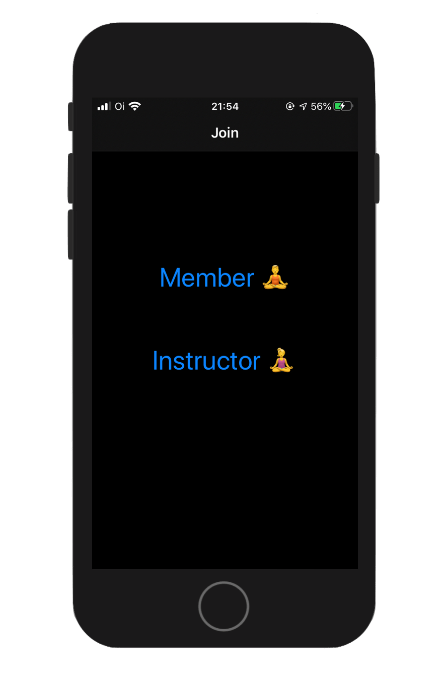 Screenshot show the live fitness app with two buttons, one to join as a gym member, and the other to participate as the instructor