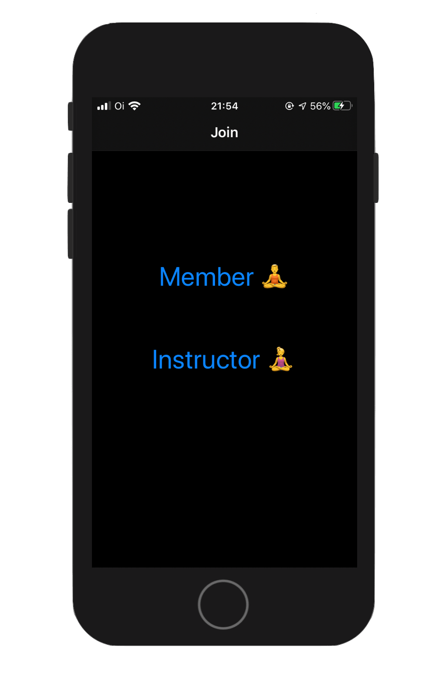 Screenshot show the live fitness app with two buttons, one to join as a gym member, and the other to participate as the instructor