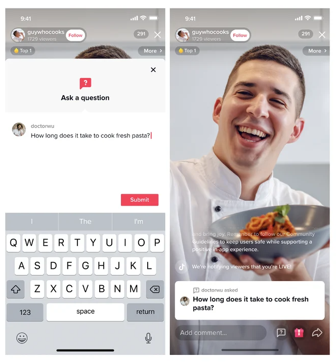 Chat feature in TikTok Shop livestreaming