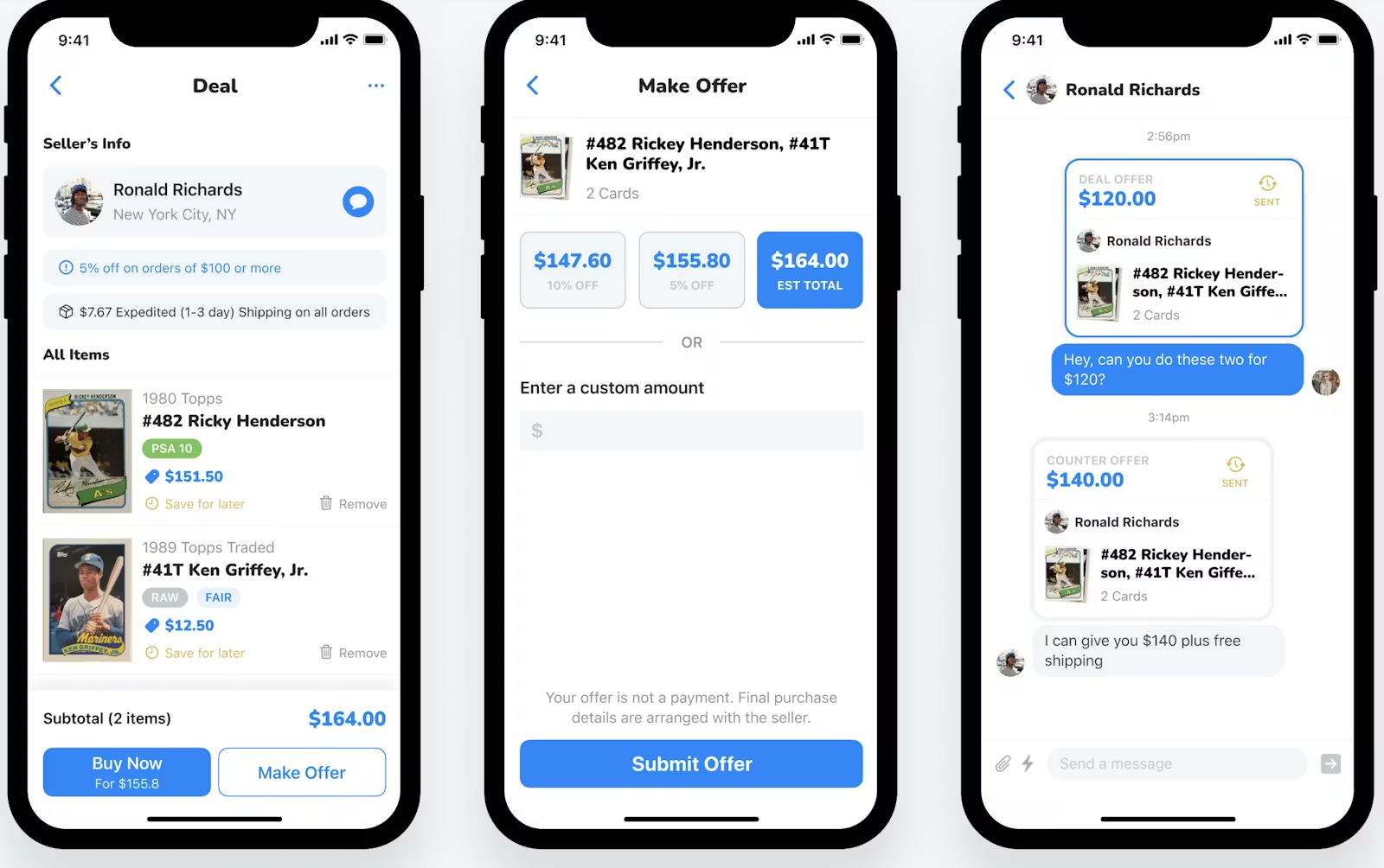 Three screenshots of the Collx app showing the Deals feature