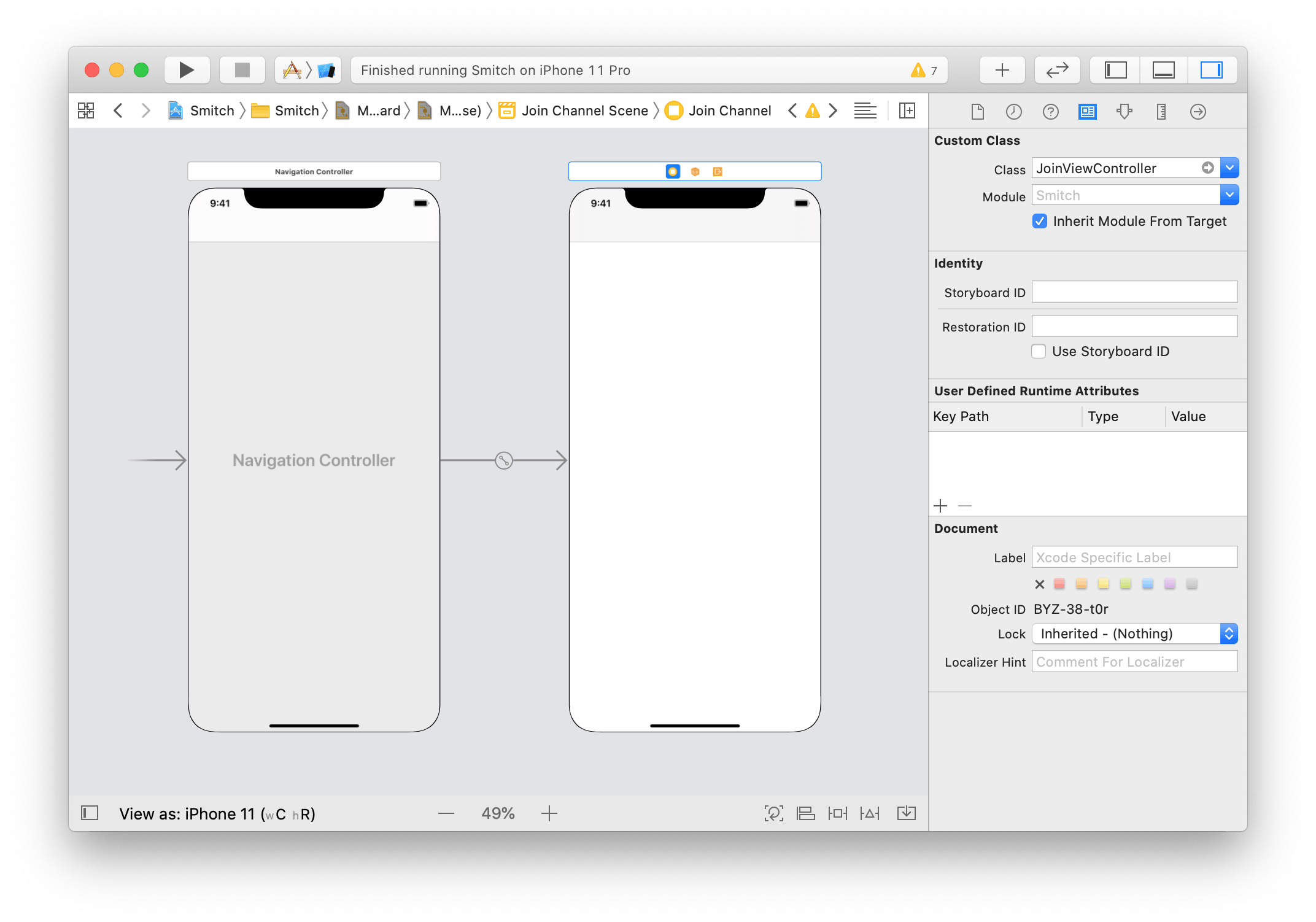 Image shows storyboard with a JoinViewController embedded in a navigation controller