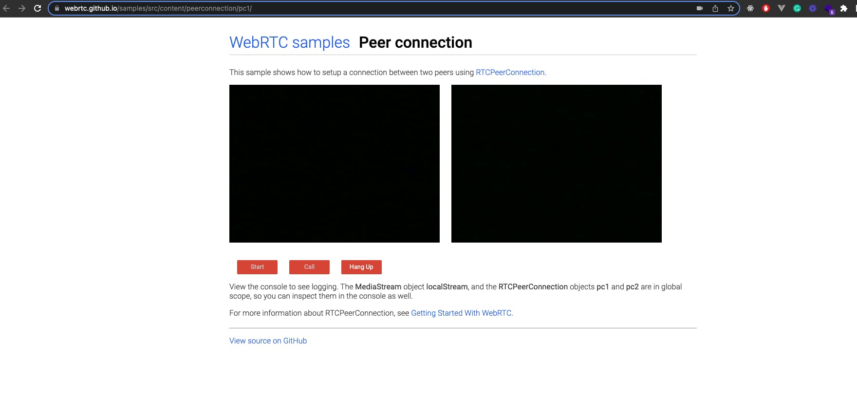Sample showing WebRTC Peer to Peer connection