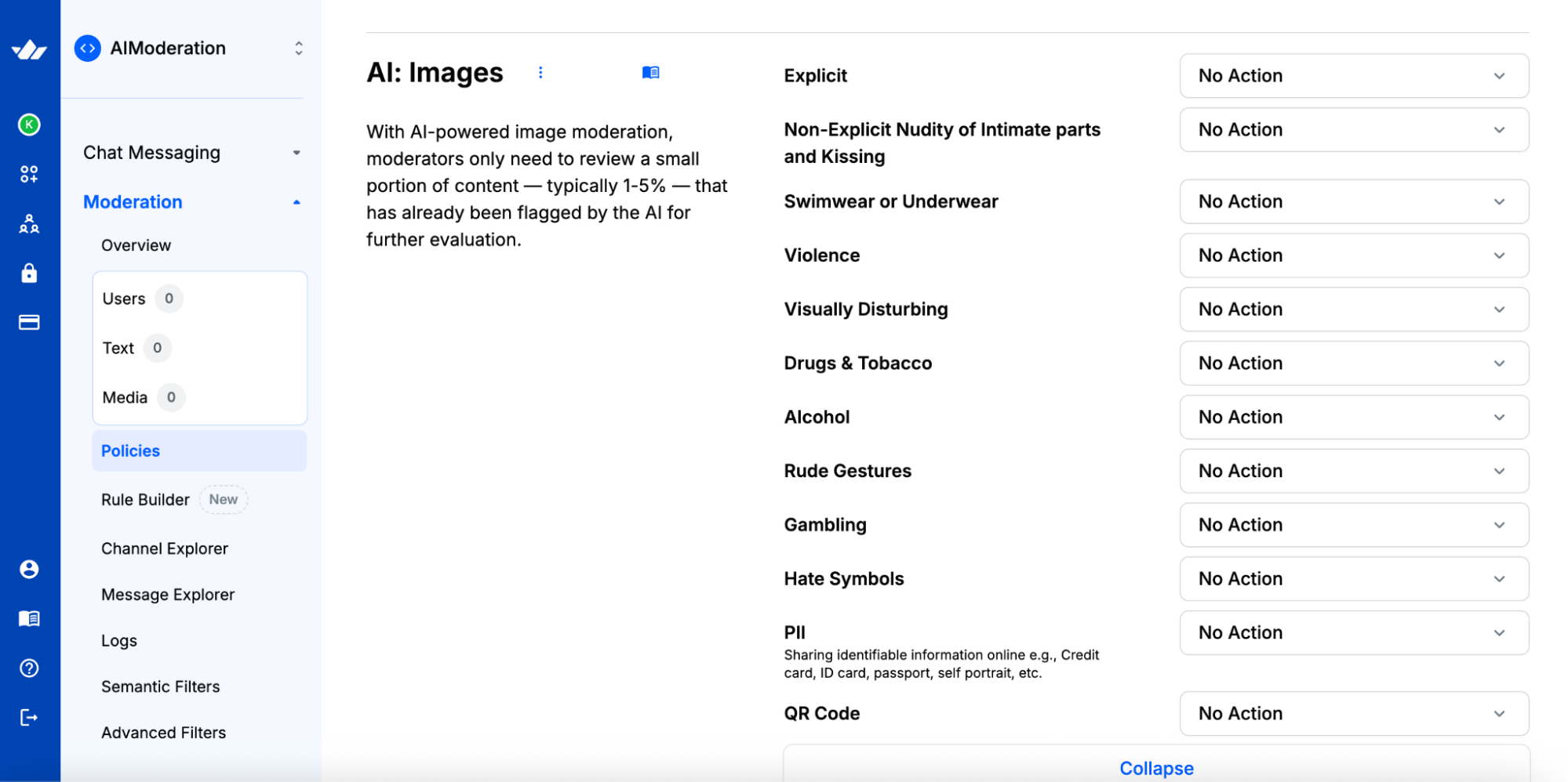 The AI Image Moderation section of Stream's Moderation dashboard