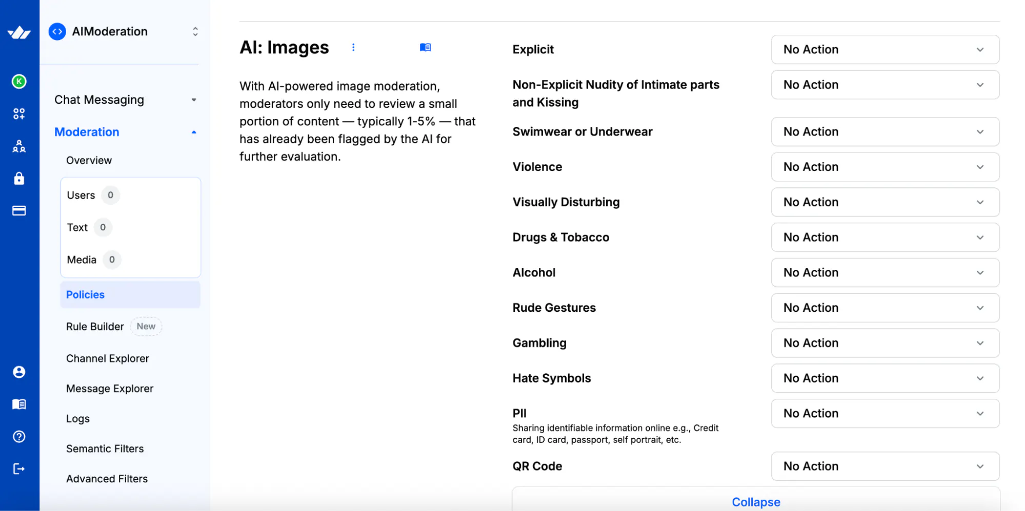 The AI Image Moderation section of Stream's Moderation dashboard