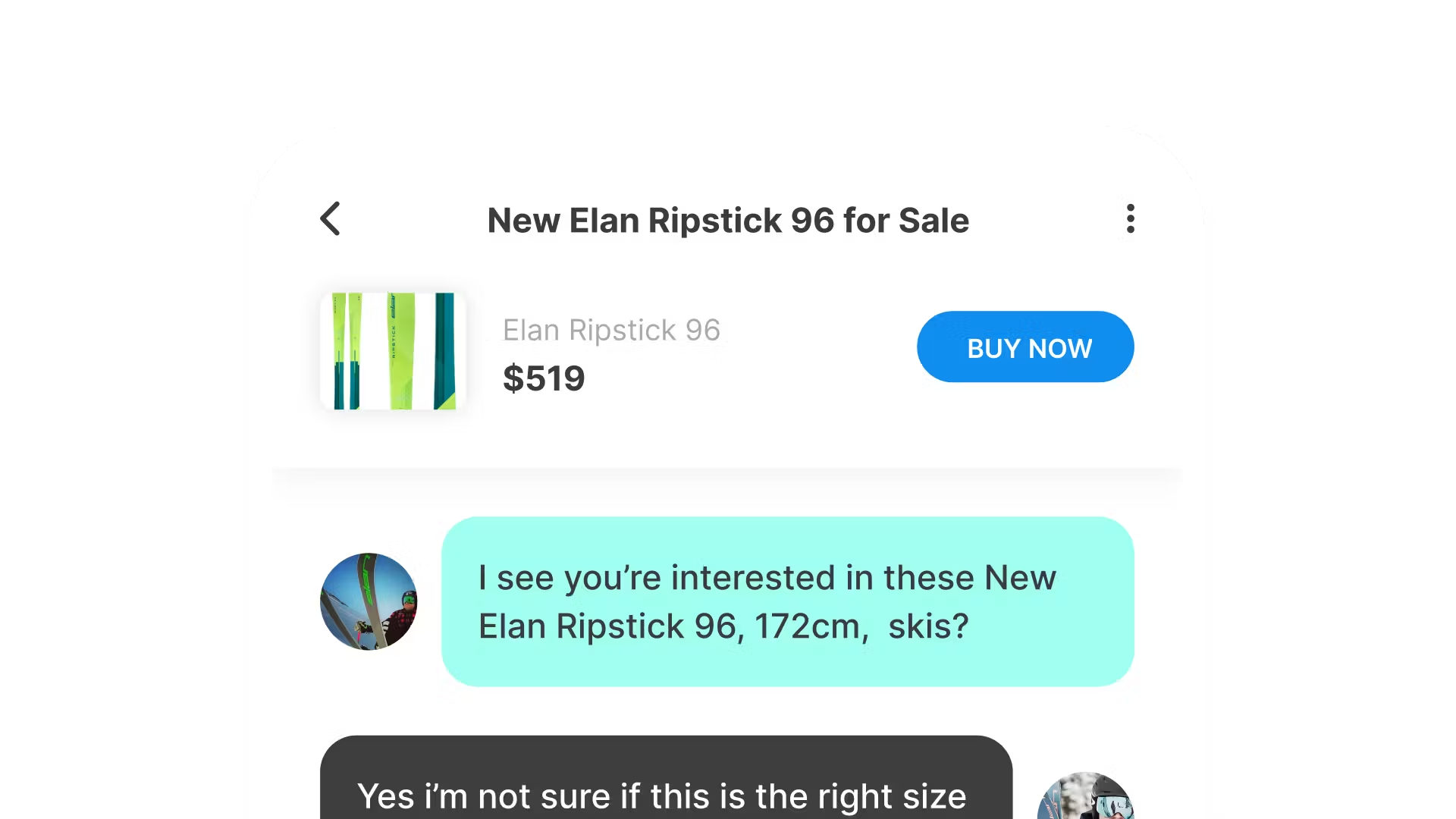 Example of chat messages in a marketplace app discussing buying skis
