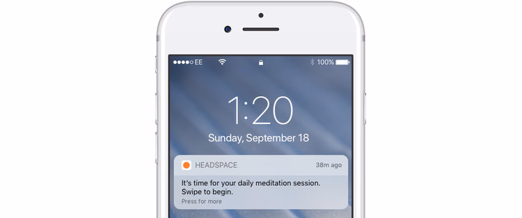 A Headspace reminder tells the user it's time to meditate