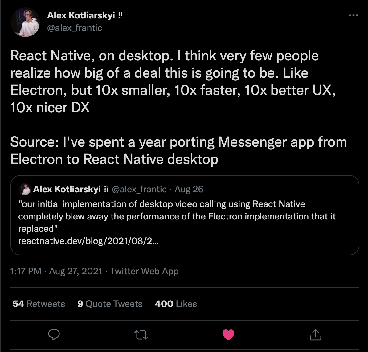 Alex Kotliarskyi's Tweet about React Native on desktop.