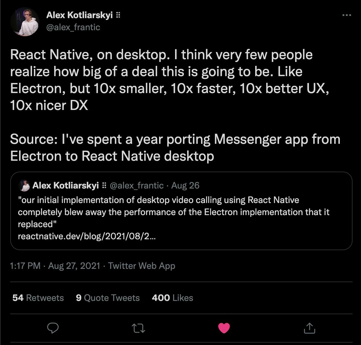 Alex Kotliarskyi's Tweet about React Native on desktop.