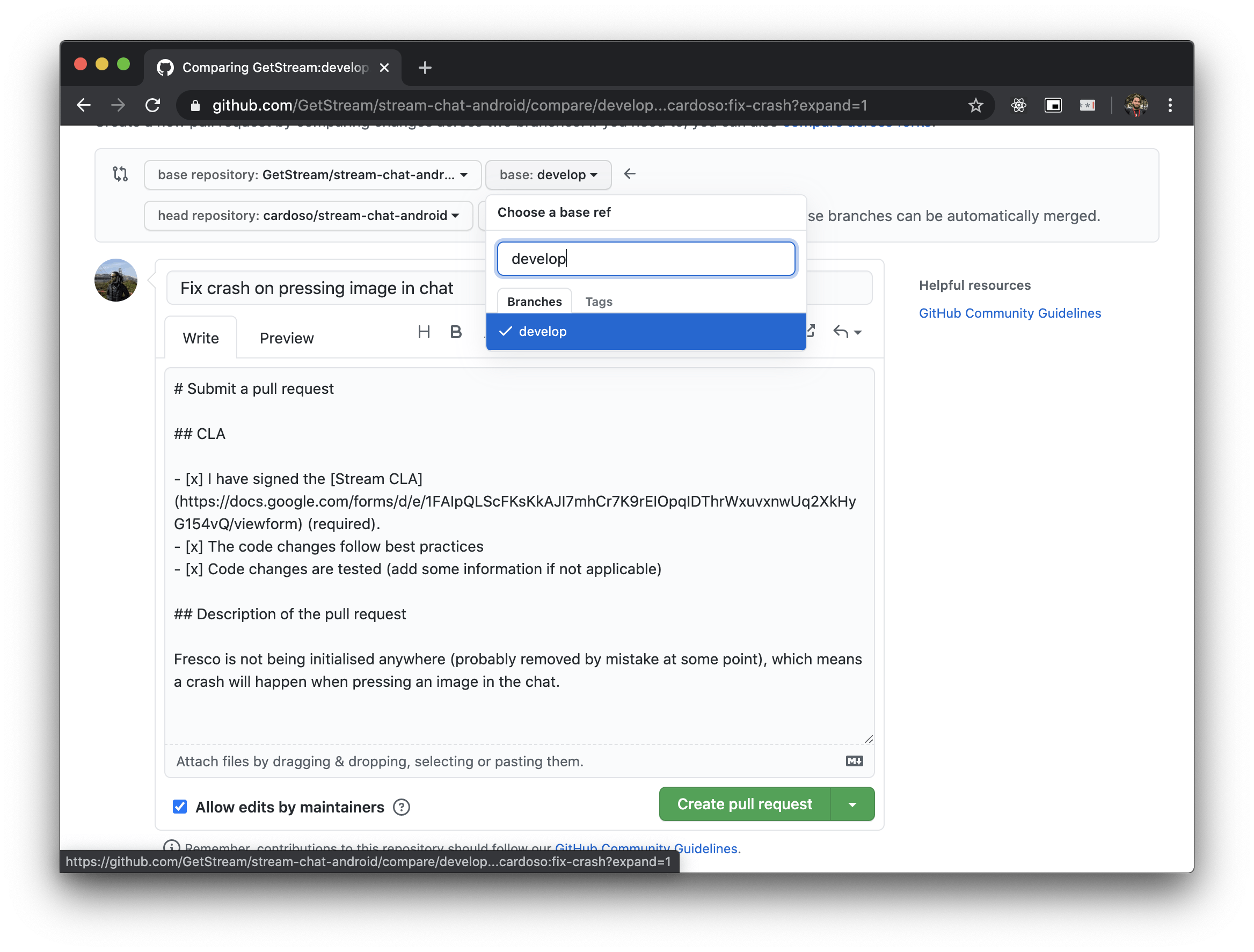 Image shows Pull Request being composed and the base branch being switched to develop