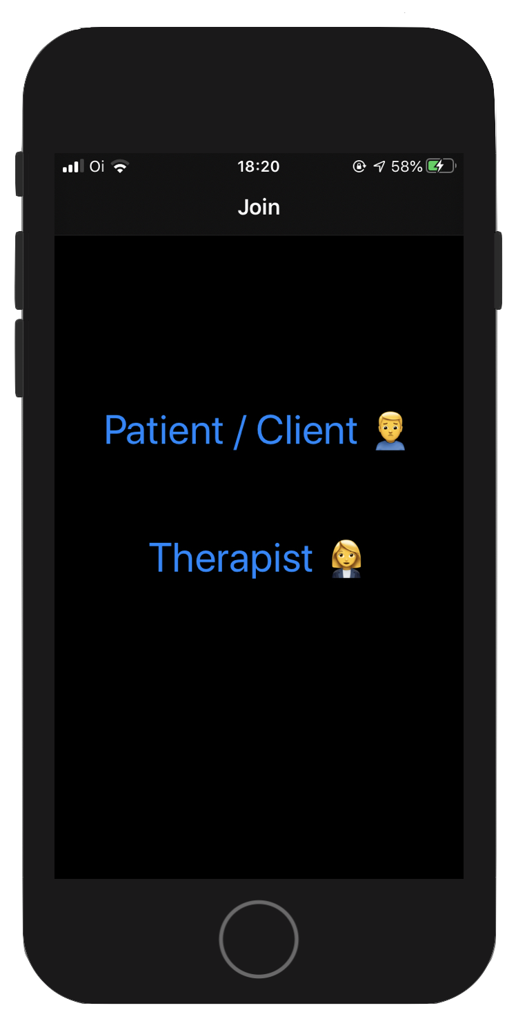 Screenshot shows an app with two buttons, one to join as the patient, and the other to join as the therapist