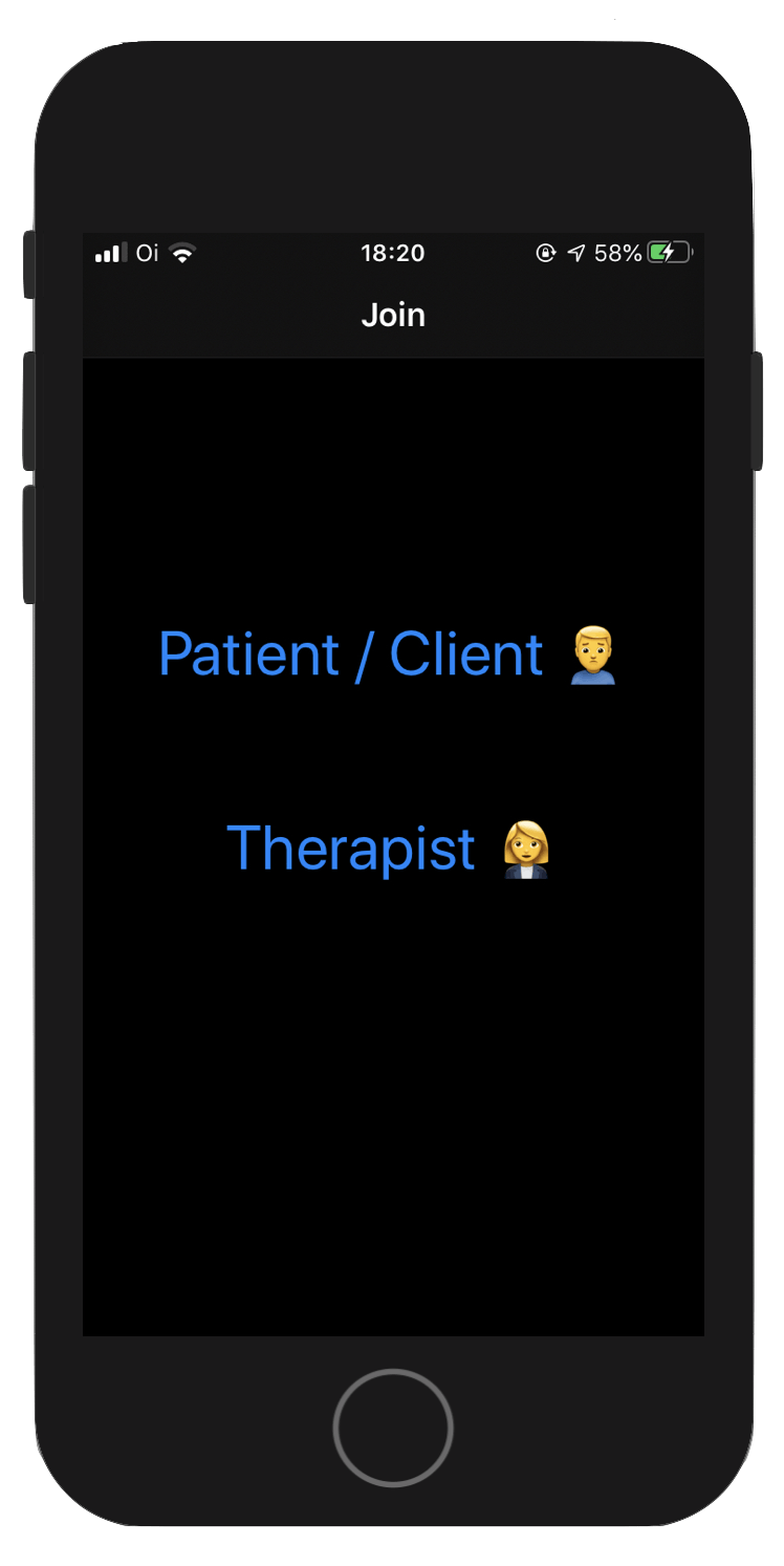 Screenshot shows an app with two buttons, one to join as the patient, and the other to join as the therapist