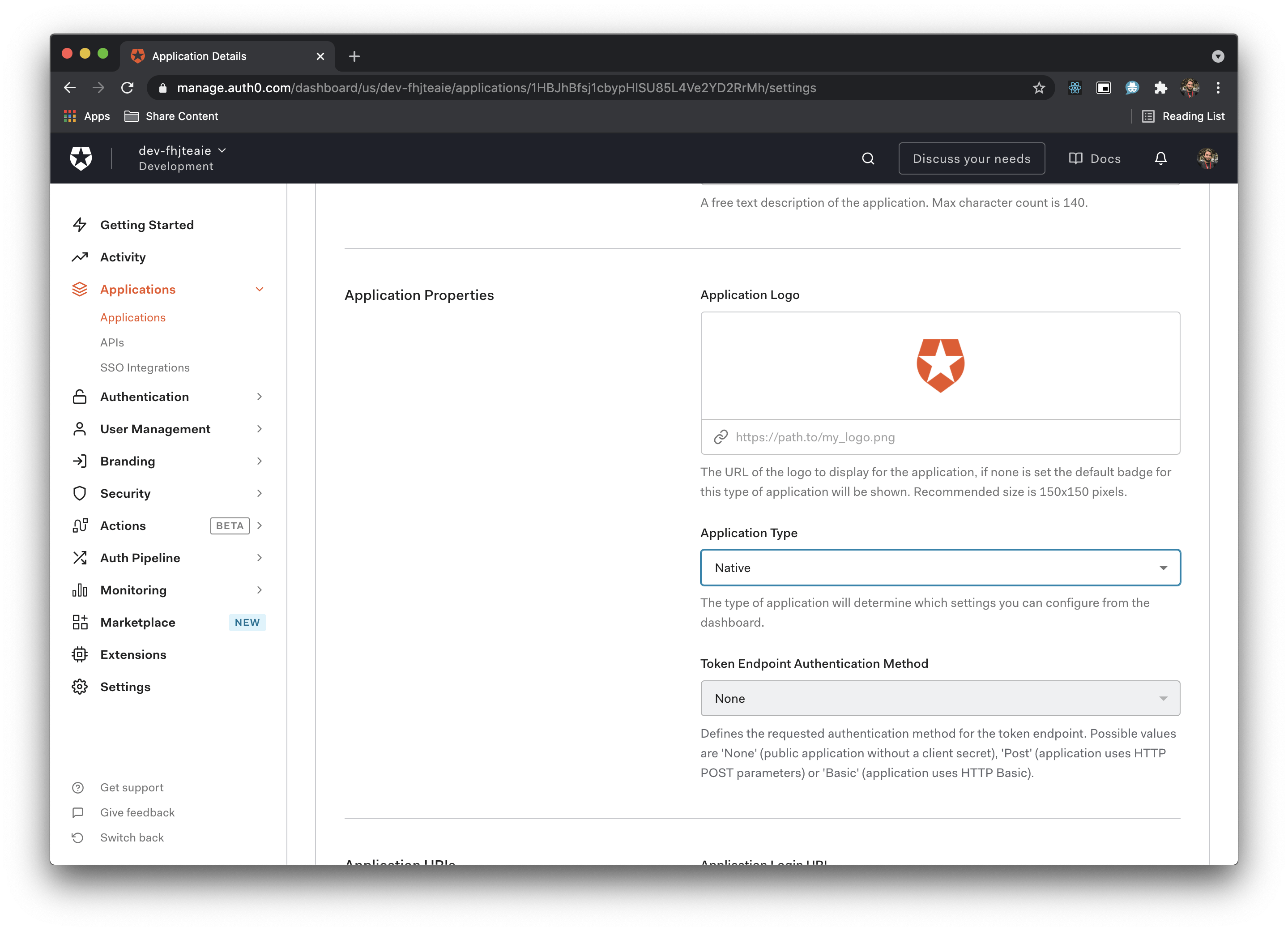 Image shows Application Type native in Auth0 dashboard
