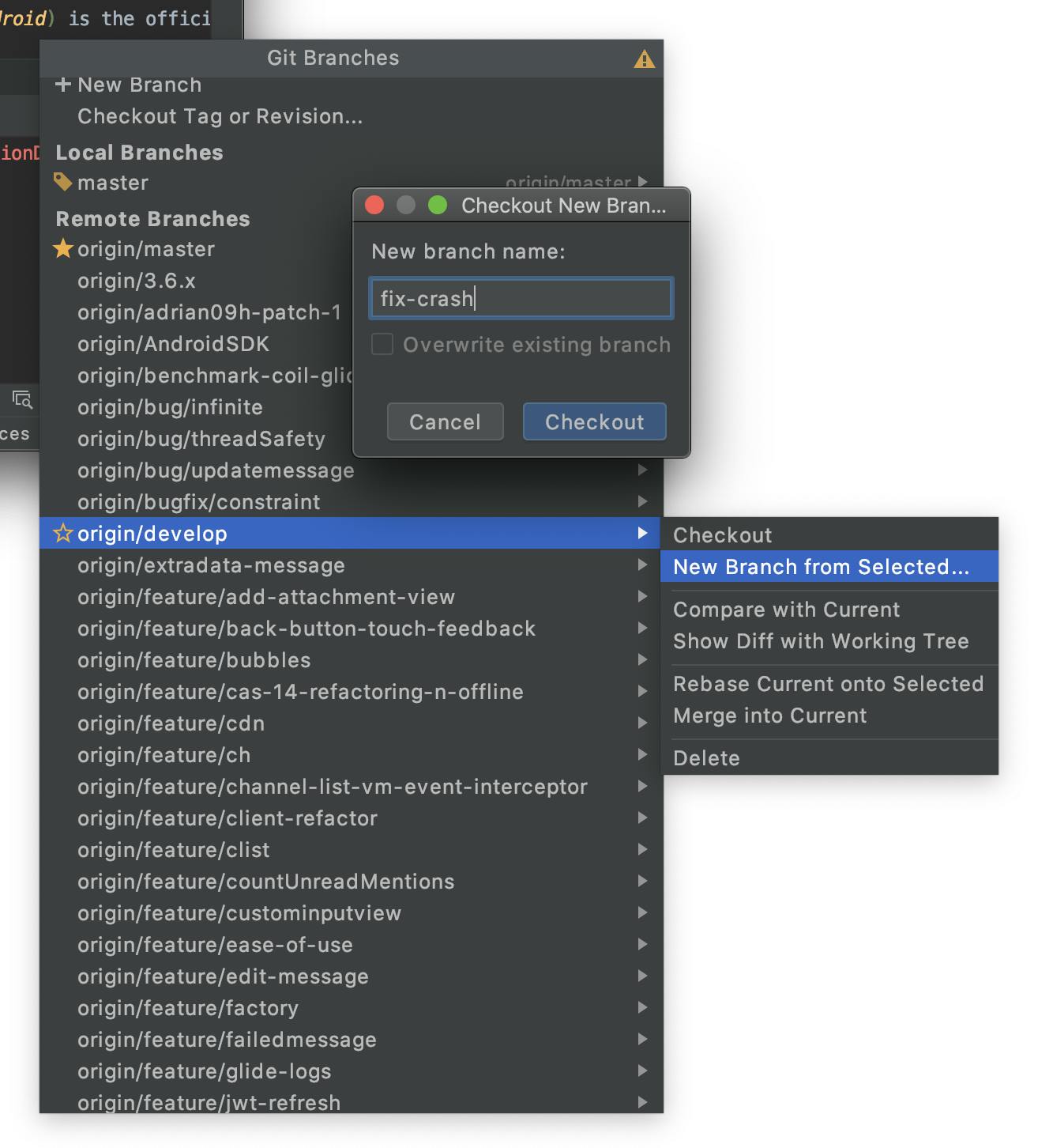 Image shows dropdowns with the branches and a dropdown from development branch with "New branch from selected" option selected and a dialog to name the new branch