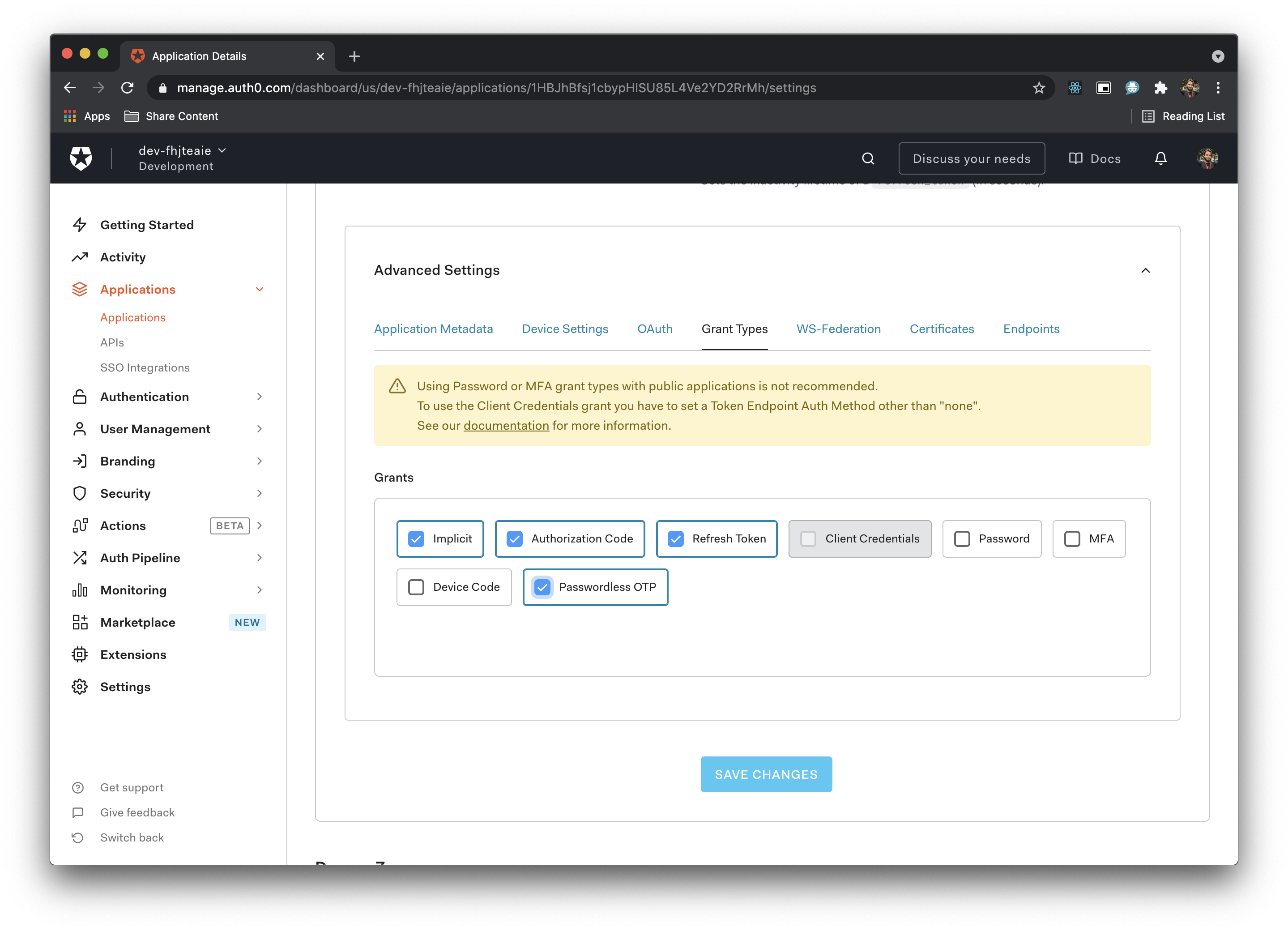 Image shows grant type passwordless OTP enabled in the Auth0 dashboard
