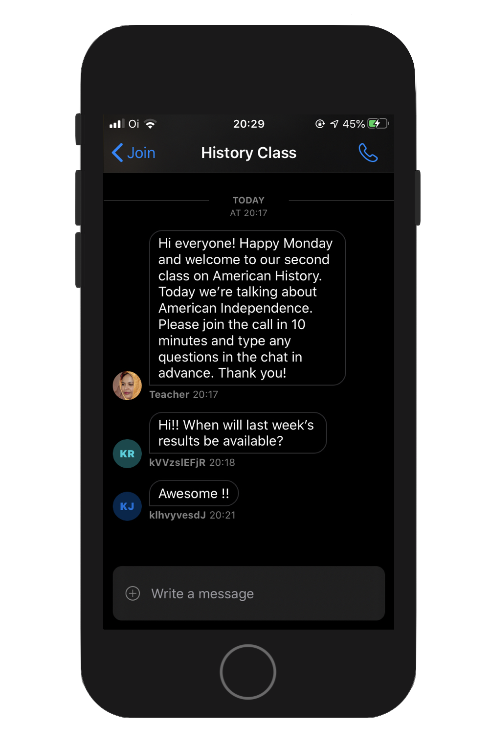 Image shows a screenshot of a conversation in a chat screen with students and a teacher
