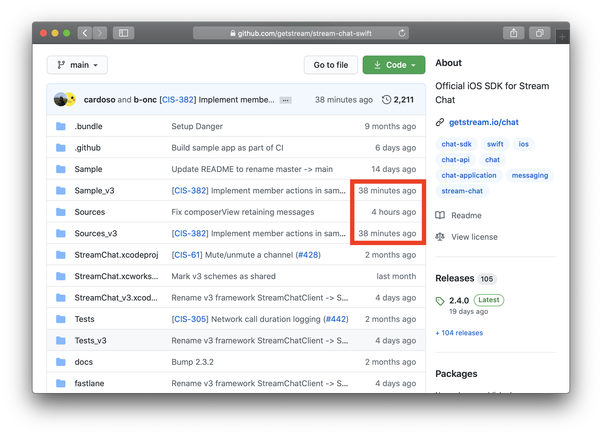 Image shows a GitHub repository in active development