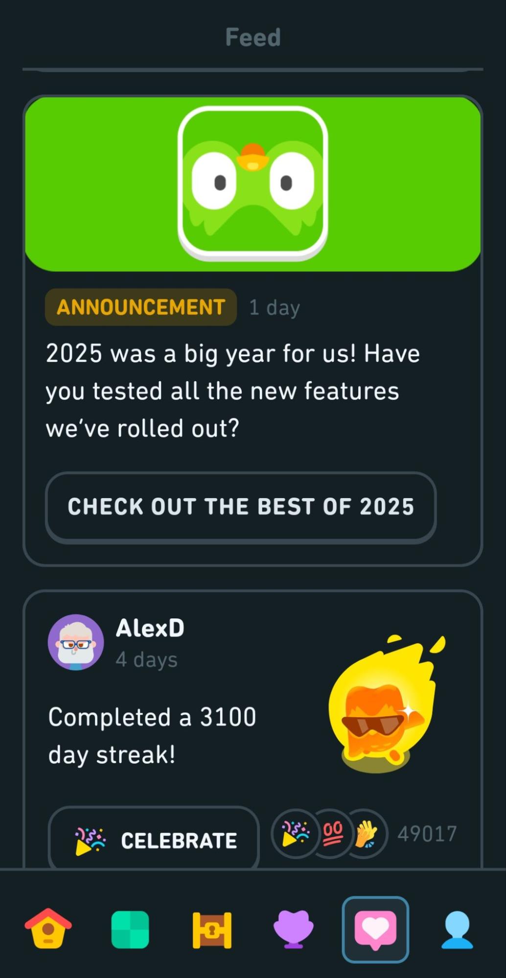 Screenshot of Duolingo's Activity Feed