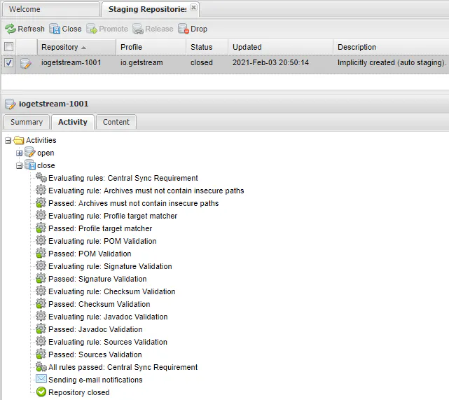 Repository Activity tab showing successful close operation