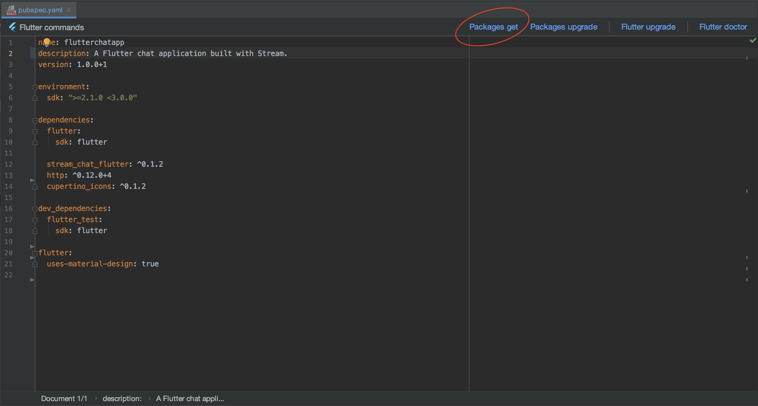 Screenshot of "Packages get" Location in Android Studio