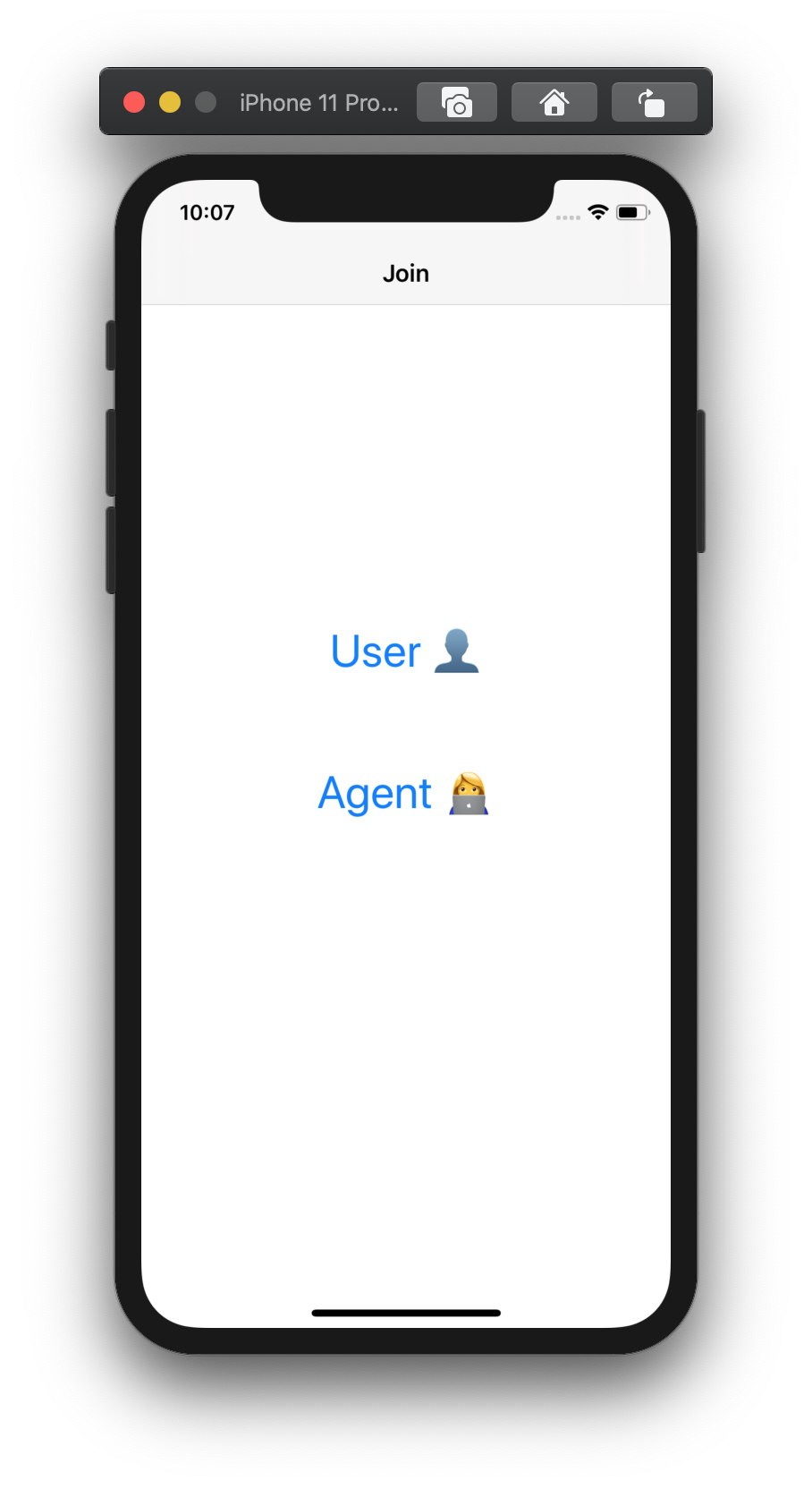 Screenshot shows an app with two buttons, one to join as a user, and the other to join as the agent