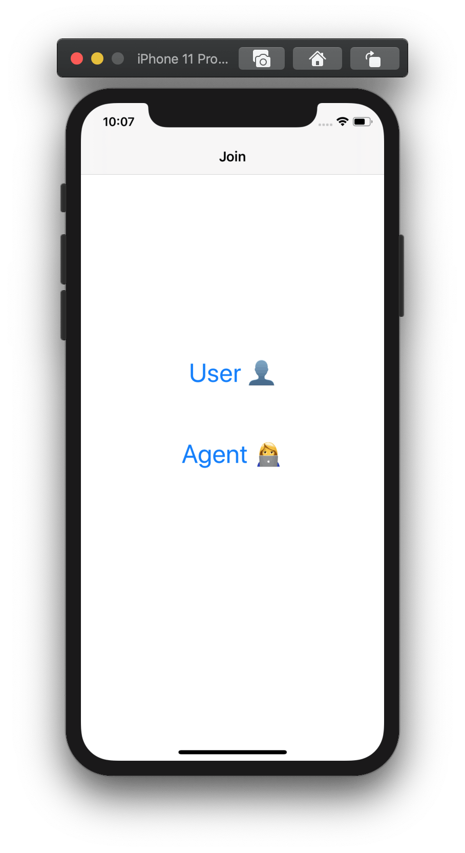 Screenshot shows an app with two buttons, one to join as a user, and the other to join as the agent