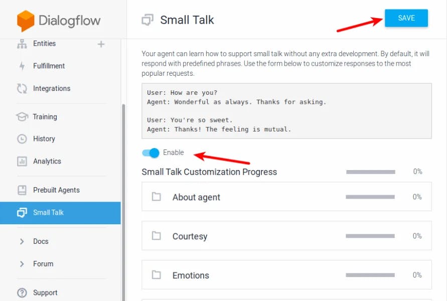 Enable small talk in Dialog flow