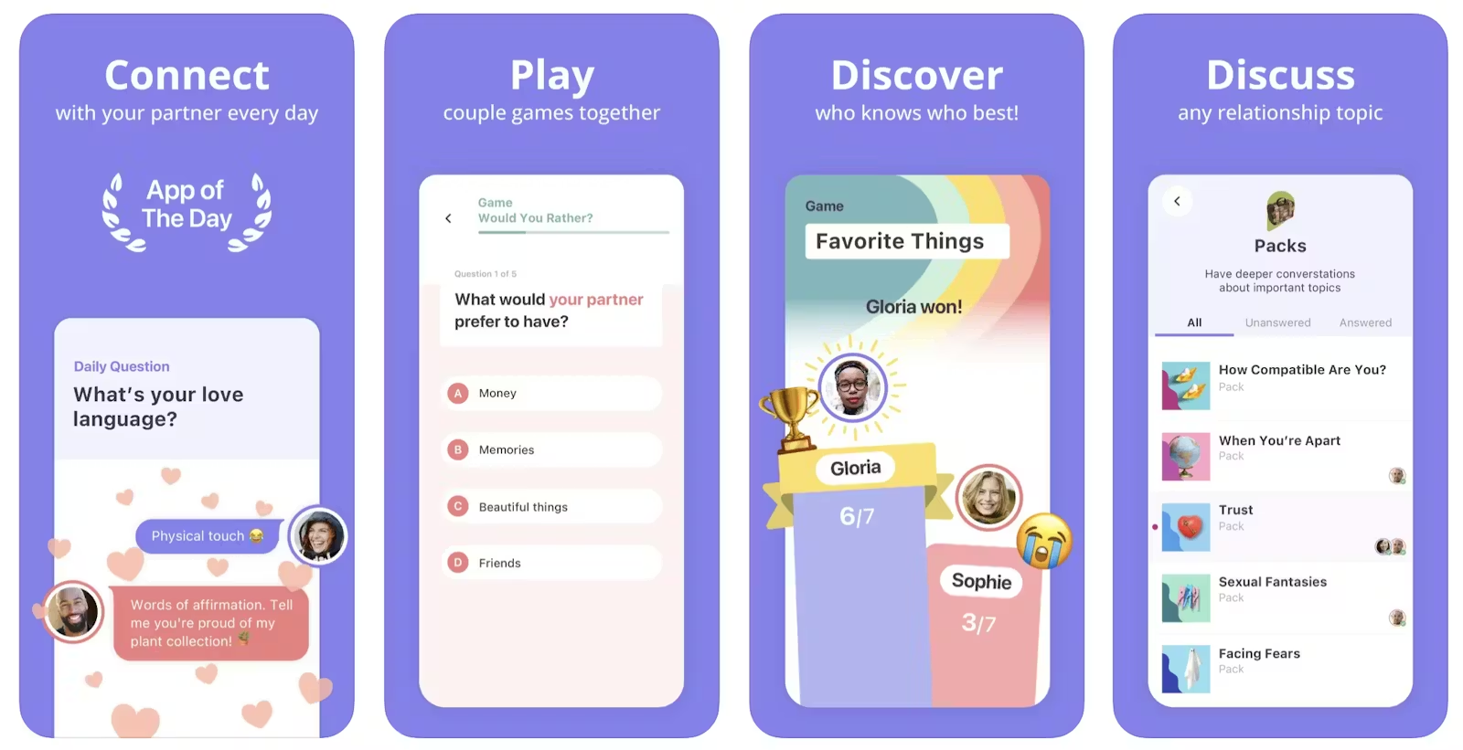Four screenshots from Paired app