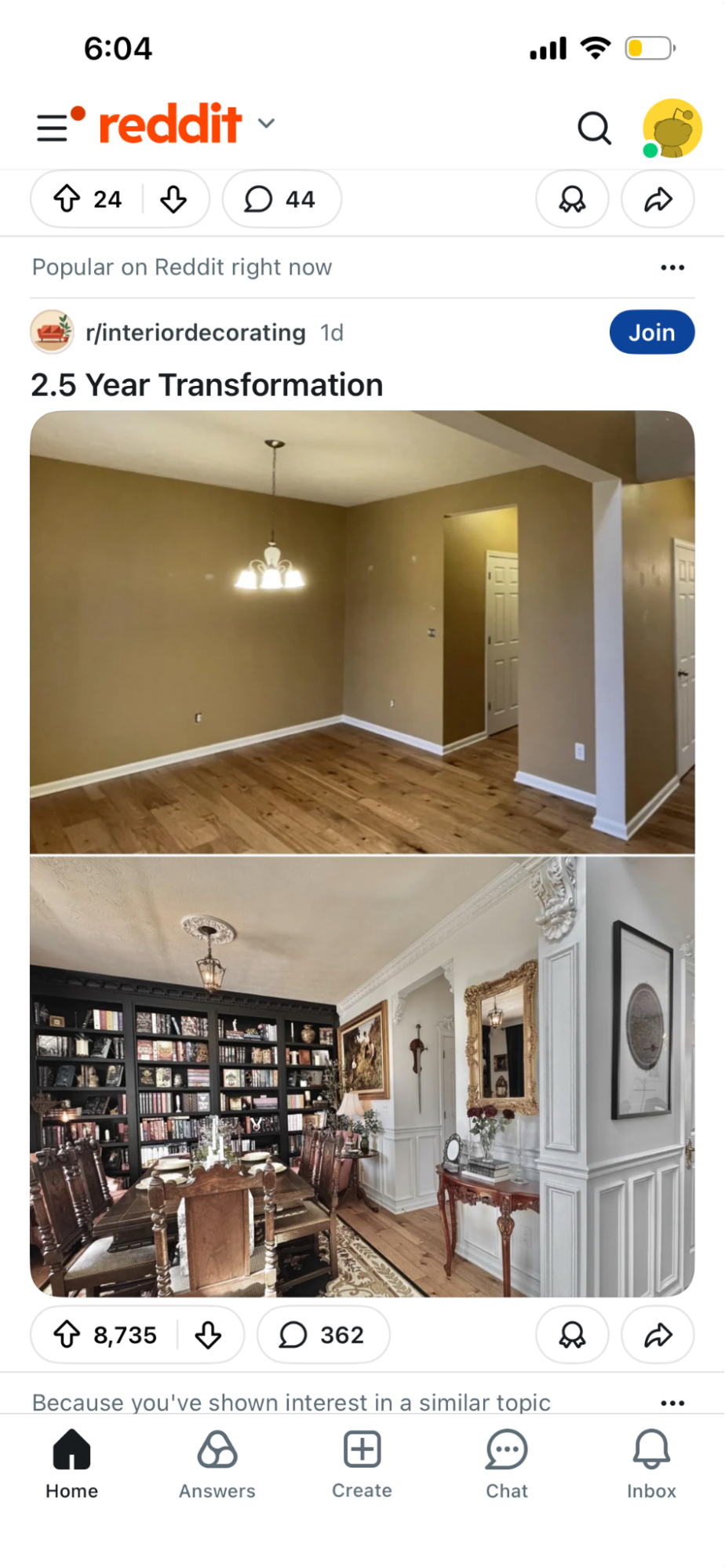 Reddit home screen featuring a community feed with posts, comments, and vote counts from various subreddits.