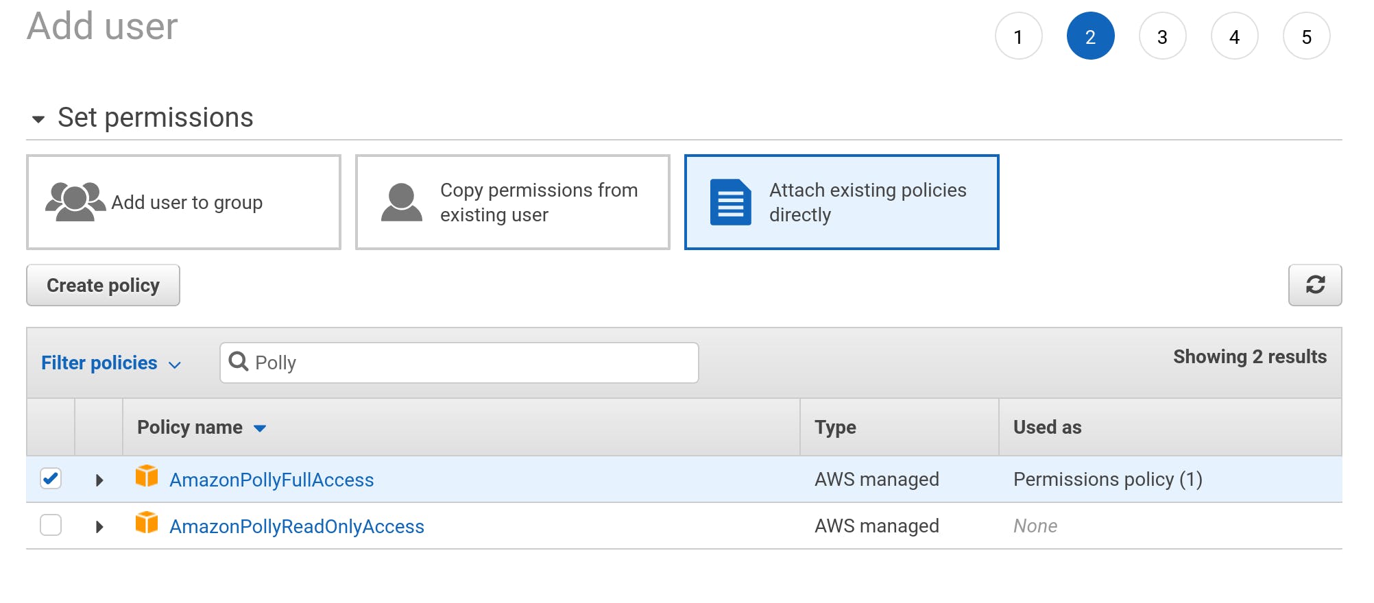 Setting permissions for a user in AWS