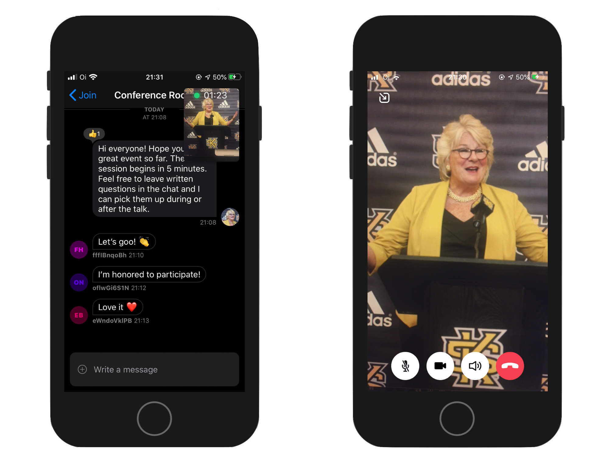 Image shows two screenshots of the completed event app, one from the chat screen with a small video overlay with the speaker, and another with a fullscreen livestream video of the speaker