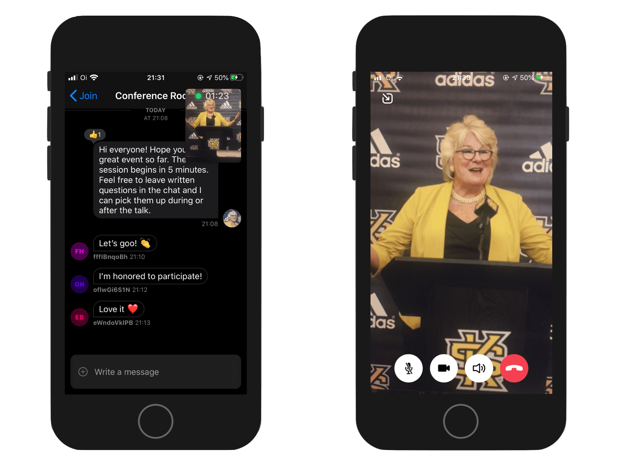 Image shows two screenshots of the completed event app, one from the chat screen with a small video overlay with the speaker, and another with a fullscreen livestream video of the speaker