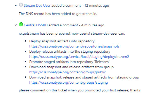 The Sonatype comment confirming domain verification